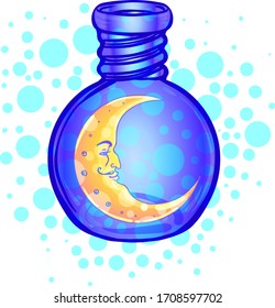 Poción mágica: frasco azul con luna creciente y estrellas brillantes dentro. Tarjeta de felicitación. Ilustración vectorial aislada en blanco. Concepto de alquimia. 