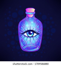 Magic potion: blue bottle jar with all seeing eye and glowing stars inside. Greeting  Card. Vector illustration isolated on white. Valentine's day concept. 