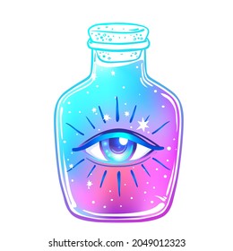 Magic potion: blue bottle jar with all seeing eye and glowing stars inside. Greeting  Card. Vector illustration isolated on white. 