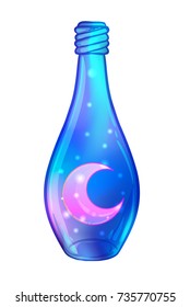 Magic potion: blue bottle jar with pink moon and glowing stars inside. Greeting  Card. Vector illustration isolated on white. Valentine's day concept. 