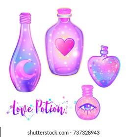 Magic potion: blue bottle jar set with pink moon, crystals, heart, all seeing eye and glowing stars inside. Greeting  Card. Vector illustration isolated on white. Valentine's day concept. 
