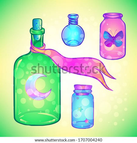 Magic potion: blue bottle jar set with pink moon, crystals, heart, all seeing eye and glowing stars inside. Greeting  Card. Vector illustration isolated on white. Alchemy concept. 