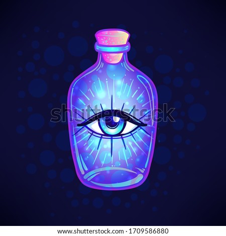 Magic potion: blue bottle jar with all seeing eye and glowing stars inside. Greeting  Card. Vector illustration isolated on white. Valentine's day concept. 