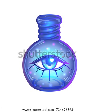 Magic potion: blue bottle jar with all seeing eye and glowing stars inside. Greeting  Card. Vector illustration isolated on white. Valentine's day concept. 