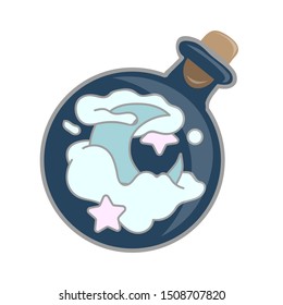 Magic potion. Blue bottle with moon, star, cloud. Vector illustration isolated on white. Cute hand drawn round glass of potion for design, postcard, web