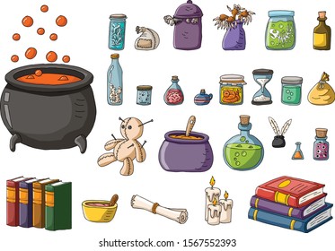 Magic potion in boiling cauldron and other wizard objects.
