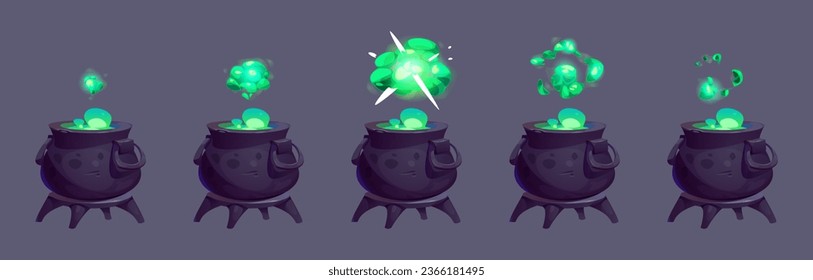 Magic potion boiling in old cauldron. Vector cartoon illustration of witch pot with poisonous green substance and cloud of toxic gas with puff effect, sprite animation sheet, witch cooking elixir