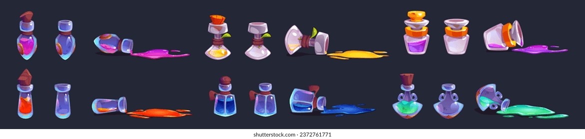 Magic potion bottle animation with spill vector. Fantasy witch glass elixir icon set. Full and empty alchemist jar asset ui design. 2d cork antidote phial isolated wizard rpg gui sheet concept.