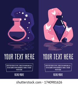 Magic potion bottle banner set - glass bottles with mystery elixir drink with floating stars and butterflies. Cartoon vector illustration with text templates.