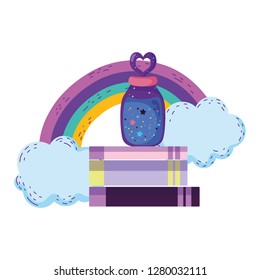 magic potion bottle with books in rainbow