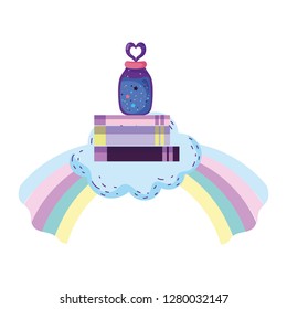 magic potion bottle with books in rainbow