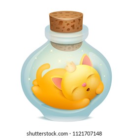 Magic potion bottle with cartoon yellow cat character inside Vector illustration