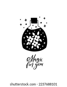Magic potion bottle with celestial elixir or poison. Mystic jar vector illustration. Hand drawn esoteric alchemy symbol isolated on white background. Black witch brew with flower, stars.