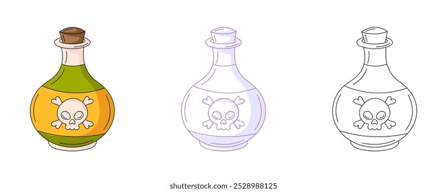 Magic potion in a bottle, colorful and line icons set. Traditional halloween symbol. Vector flat icon, monochrome purple, color, outline illustration. For logo, sticker, coloring book, label, print