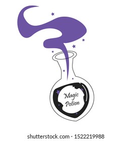 Magic potion bottle flat vector illustration. Magical elixir glass vial isolated clipart. Purple liquid with stars. Halloween greeting card design element. Witchcraft, wizardry decoration, sticker 