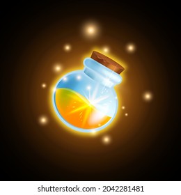 Magic potion bottle game vector icon, shiny alchemy elixir flask, UI cartoon wizard glass vial, gold drink. Witch mana fantasy RPG design element, mobile app health power object. Liquid magic potion 