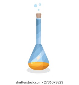 Magic potion bottle, glass jar or round bottom flask with alchemy elixir or poison. Cartoon round vial with wooden cork with green liquid potion. Isolated on background. Vector icon