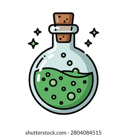 Magic potion bottle with glowing green liquid experiment mystical container