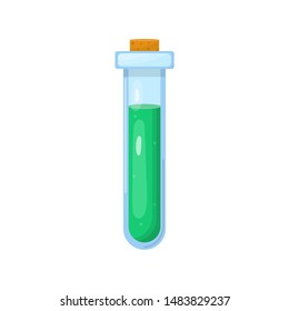 Magic potion in bottle with green liquid isolated on white background. Chemical or alchemy elixir. Vector illustration for any design.