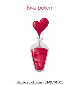 Magic potion bottle with hearts and love potion on white background. Pink cocktail - boiling bubbling liquid reaction in beaker. Flat design cartoon style vector illustration. Vector decoration.