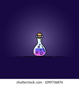 Magic potion bottle illustration. Bottle jars with purple brew cute Halloween symbol. Flat style alchemy pictogram for web, mobile and infographics