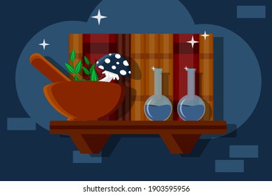 Magic Potion Bottle with Ingredients and Spell book. Vector illustration