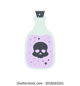 magic potion bottle isolated on white background, purple bottle with skull, vector illustration, flat design