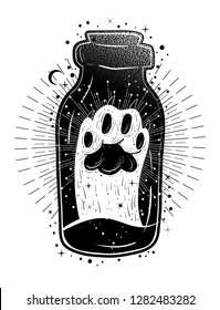 Magic potion: bottle jar with cat's paw inside. Tattoo art style illustration. Bohemian and gypsy motifs.