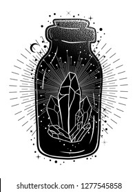 Magic potion: bottle jar with crystals inside. Tattoo art style illustration. Bohemian and gypsy motifs.