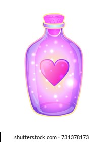 Magic potion: bottle jar with pink heart and glowing stars inside. Greeting  Card. Vector illustration isolated on white. Valentine's day concept. 