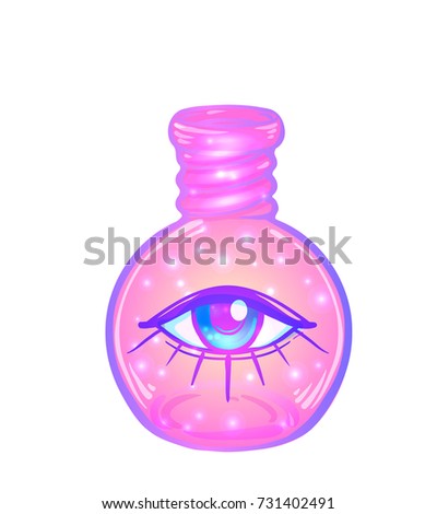 Magic potion: bottle jar with pink all-seeing eye and glowing stars inside. Greeting  Card. Vector illustration isolated on white. Valentine's day concept. 
