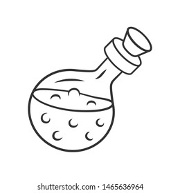 Magic potion bottle linear icon. Thin line illustration. Alchemy and apothecary liquid. Magical elixir, drink, wizard poison in glass flask. Contour vector isolated outline drawing. Editable stroke