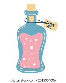 Magic potion. Bottle liquid potion magic elixir. Alchemy concept. Bottle and vial with alchemical beverages. Witch's Item. Halloween Decor. Vector illustration flat style isolated on white background.