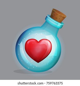 Magic potion bottle with love potion and lonely loving heart decoration inside. Festive traditional saint valentine's greeting design.