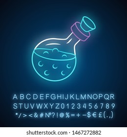 Magic potion bottle neon light icon. Alchemy and apothecary liquid. Magical elixir, drink, poison. Occultism & witchcraft spell. Glowing sign with alphabet, numbers. Vector isolated illustration