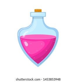 Magic potion in bottle with pink liquid isolated on white background. Cartoon fairy elixir. Vector illustration for any design. 