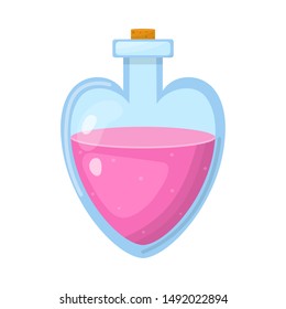 Magic potion in bottle with pink liquid isolated on white background. Chemical or alchemy elixir. Vector illustration for any design.