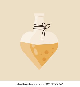 Magic potion. Bottle with poison, potion or elixir. Witchcraft attribute concept. Vector illustration in cartoon style. Isolated on yellow background.