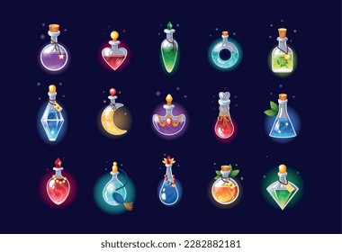 Magic potion bottle, poison vial different forms. Witch, wizard or alchemist glass pots, apothecary chemistry icons. magic chemistry luck and love beverage. Vector tidy cartoon isolated illustration