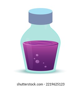 A magic potion in a bottle with purple liquid. Close-up, highlighted on a white background. Chemical or alchemical elixir. Vector illustration for any design. A cartoon little bottle with a potion.