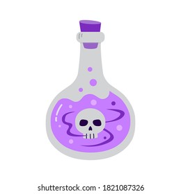 Magic potion bottle. Purple bottle with skull. Vector illustration isolated on white