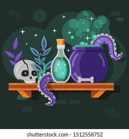 Magic potion bottle and recipe composition with human scull, bone, herbs and monster octopus tentacles. Alchemist laboratory scene with witch elixir ingredients boiling in wizardry cauldron on shelf.