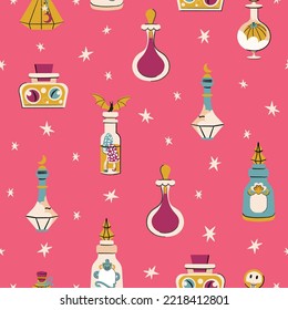 Magic potion bottle seamless pattern. Witch elixirs in glass vials with corks. Spell and witchcraft Alchemist tool flat illustration on pink background
