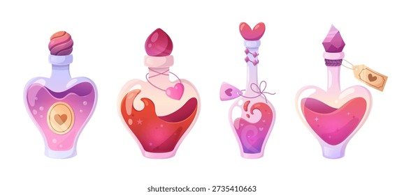 Garrafa de poção mágica com frasco de vidro de coração de amor para o veneno de bruxa de jogo de desenho animado - recipientes de gradiente rosa e roxo de líquido romântico, rolhas de cortiça e elementos de design de brilho decorativo.