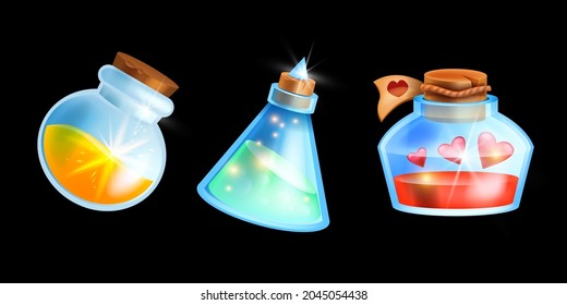 Magic potion bottle set, vector game elixir icon kit, cartoon wizard glass flask, user interface objects. Witch love drink, yellow health mana, transparent vial illustration. Magic power potion assets