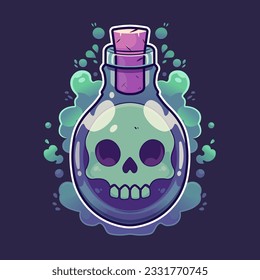 Magic potion bottle with skull inside. Vector illustration on dark background.