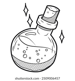 Magic potion bottle vector hand drawn illustration. Boho chic tattoo, poster print design vector line art illustration