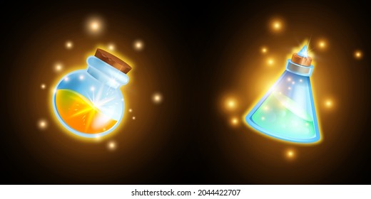 Magic potion bottle vector set, elixir mobile game icon, alchemy poison glass flask, wizard shine mana. Cartoon chemical glow vial kit, witch laboratory inventory, fairy drink. Magic potion clipart