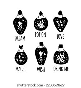 Magic potion bottle vector set. Witches brew with celestial elements illustration. Mystical elixir or poison icons. Alchemy symbol, jar clipart with flowers, moon, stars.