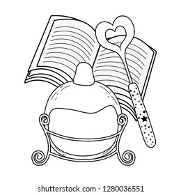 magic potion bottle with wand and book